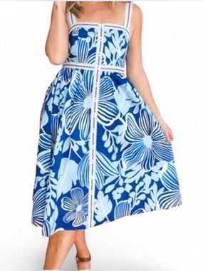 eesome Blue Floral Maxi Dress with Light-Blue Trim